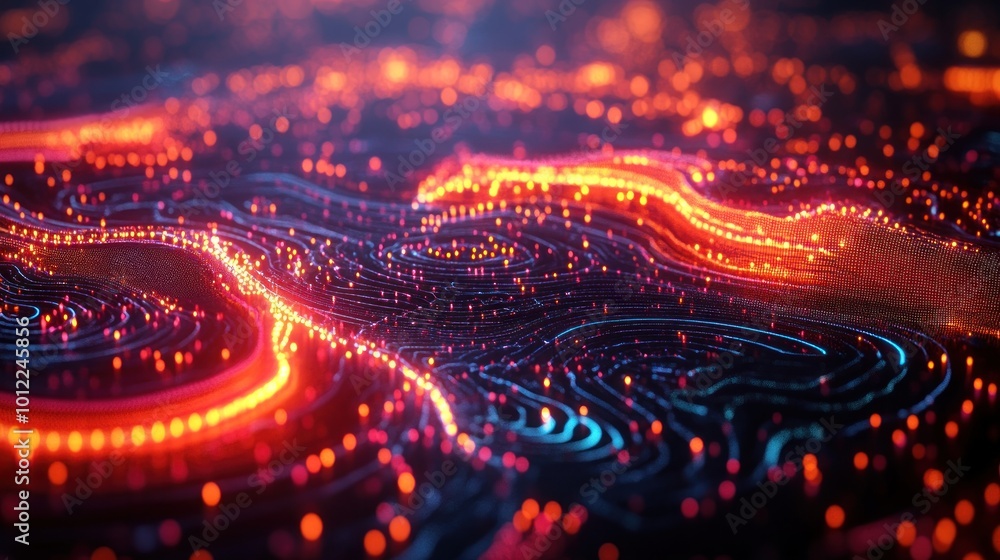 Abstract digital landscape with glowing lines and particles. Abstract digital landscape with glowing lines and particles.