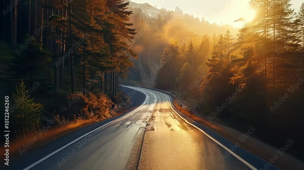 Empty asphalt road is winding through a forest at sunset or sunrise, with the sun rays illuminating the fog between the trees Empty asphalt road is winding through a forest at sunset or sunrise, with the sun rays illuminating the fog between the trees