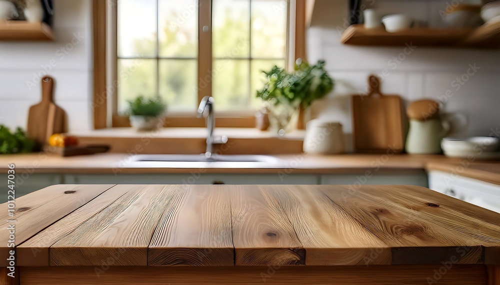 A wooden cutting board on a rustic table in a bright kitchen with a garden view in the background. Generative AI A wooden cutting board on a rustic table in a bright kitchen with a garden view in the background. Generative AI