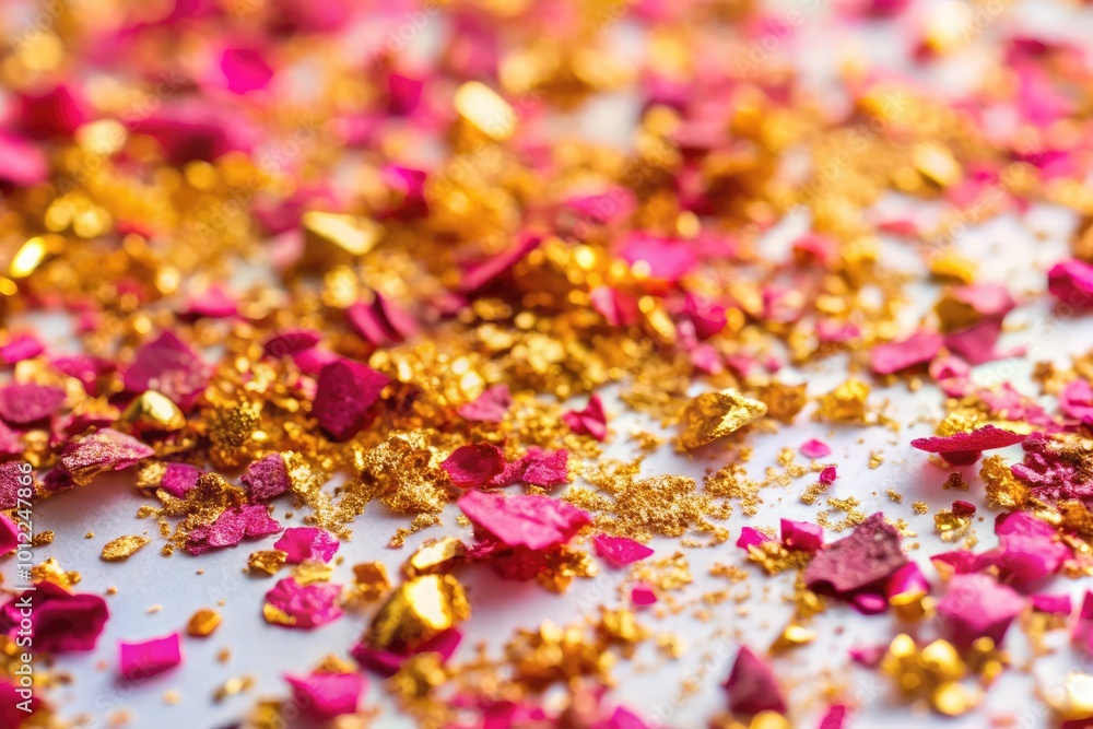 Obraz premium Glittering Pink Gold Flakes on a Clean White Background for Elegant and Modern Design Projects