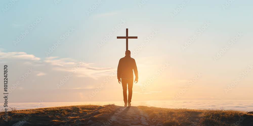 Person Walking on a Bible Path Leading to the Cross | Symbol of Faith, Devotion, and Spiritual Journey Person Walking on a Bible Path Leading to the Cross | Symbol of Faith, Devotion, and Spiritual Journey