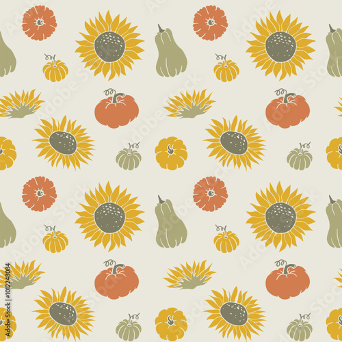 Fall seamless pattern with pumpkin and sunflower. Cute Thanksgiving background with autumn elements. Hand drawn illustration. Linocut style wallpaper art.