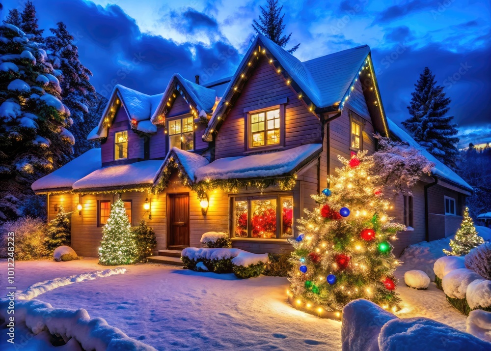 Fototapeta premium Glowing Christmas Lights Decorating a House with Warm Colors in a Winter Wonderland Scene