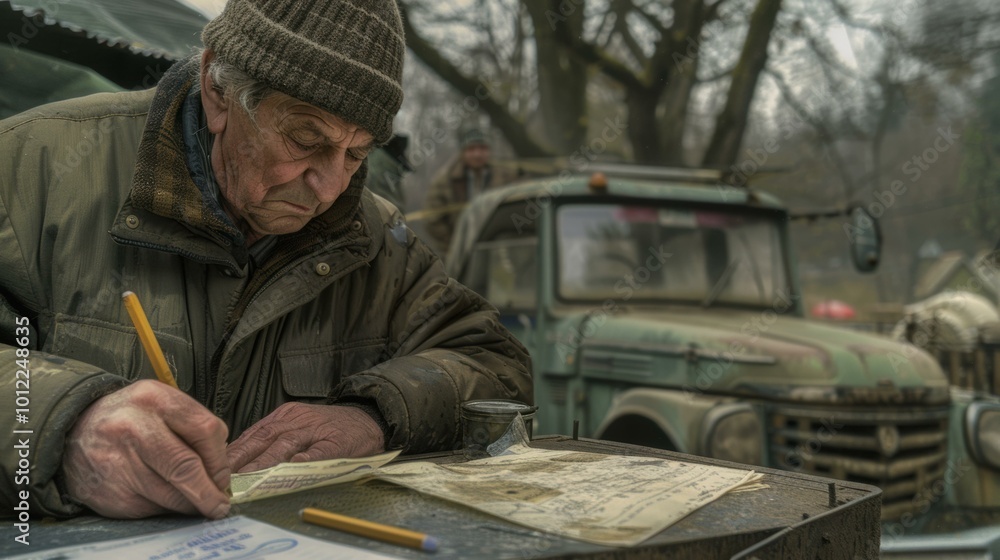 A man in a brown jacket and hat sits at a table and writes on a piece of paper. AI. A man in a brown jacket and hat sits at a table and writes on a piece of paper. AI.