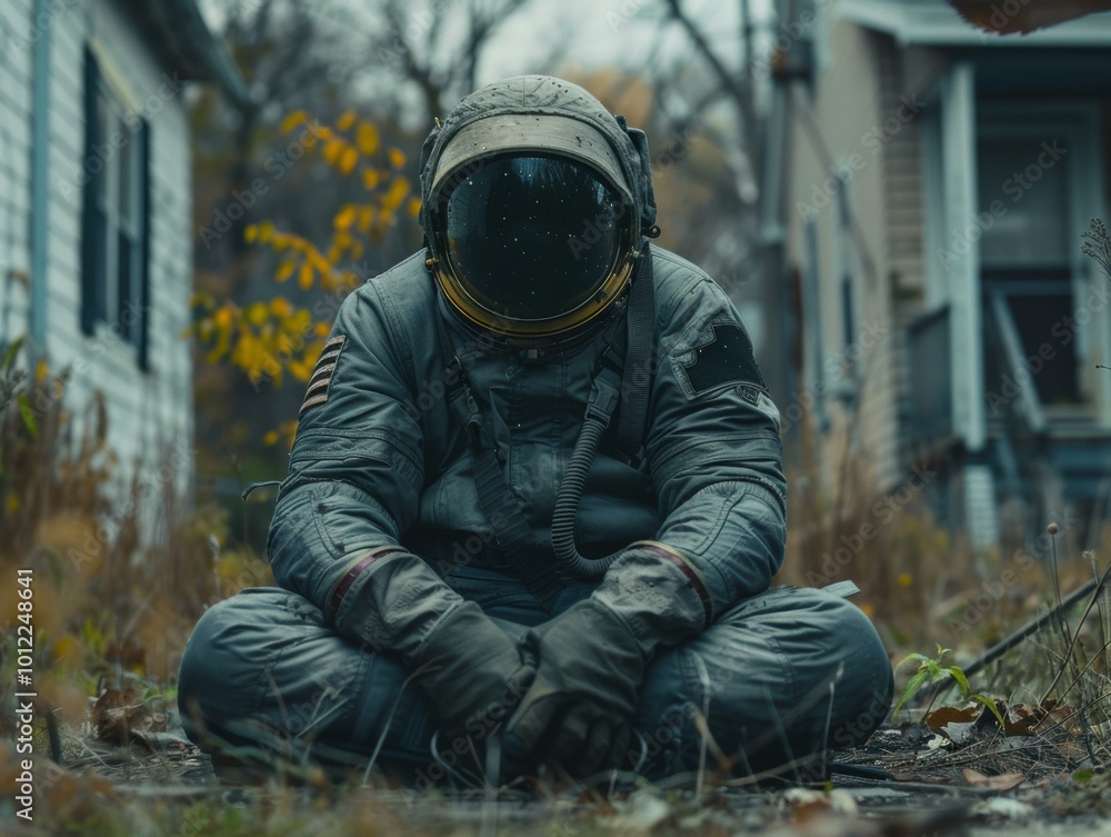 An astronaut sits in a desolate area, lost in thought. AI. An astronaut sits in a desolate area, lost in thought. AI.