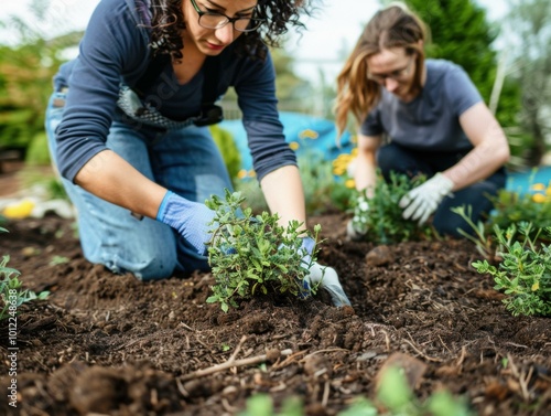 Two people planting in the garden. AI.