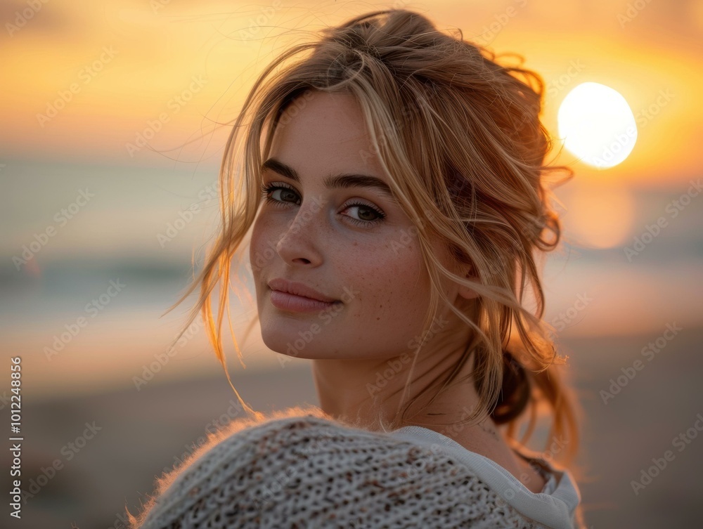 A woman smiles at the camera with the sunset in the background. AI. A woman smiles at the camera with the sunset in the background. AI.