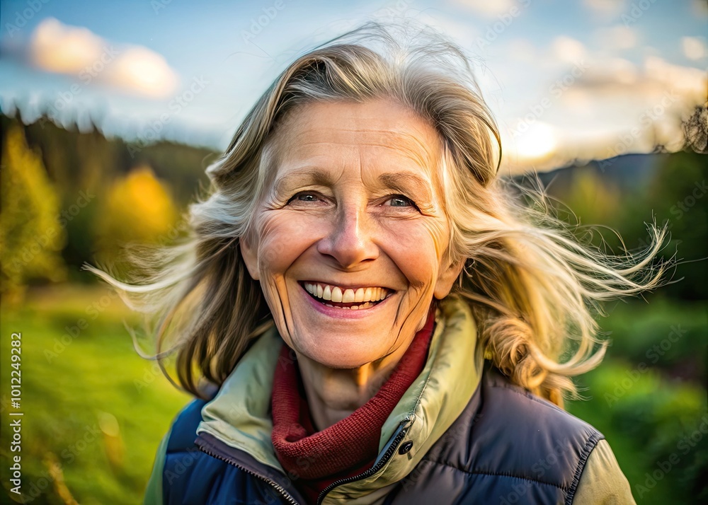 Graceful 60-Year-Old Woman Smiling in Nature, Embracing Life with Confidence and Joyful Spirit Graceful 60-Year-Old Woman Smiling in Nature, Embracing Life with Confidence and Joyful Spirit