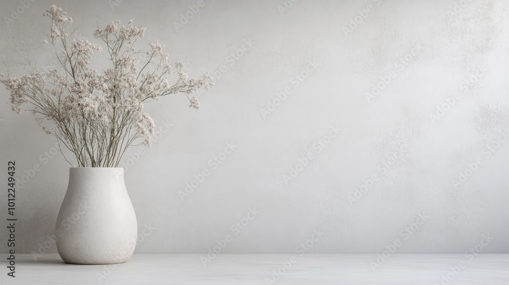 White Vase with Dried Flowers on a White Table White Vase with Dried Flowers on a White Table