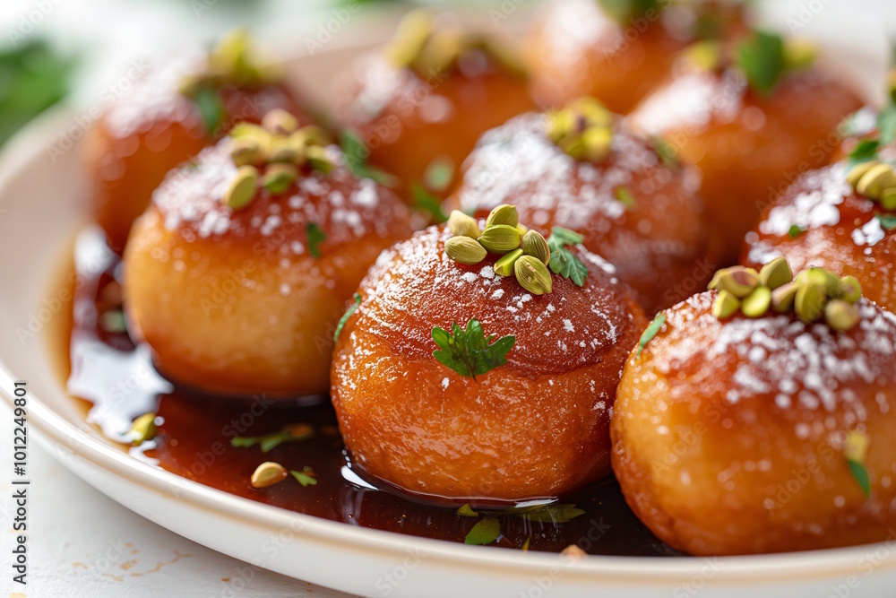 A plate of syrupy gulab jamuns garnished with pistachios, herbs, and powdered sugar, offering a delicious and festive look perfect for holiday celebrations like Holi and Diwali A plate of syrupy gulab jamuns garnished with pistachios, herbs, and powdered sugar, offering a delicious and festive look perfect for holiday celebrations like Holi and Diwali