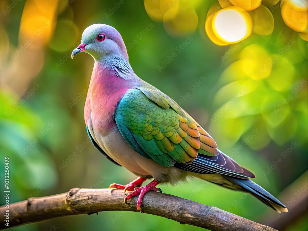 Obraz premium Graceful Wood Dove Perched on Branch Against a Blurred Natural Background in Soft Morning Light