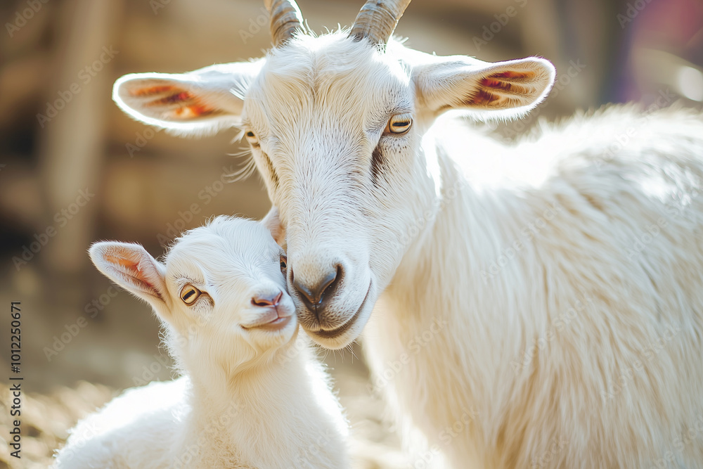 Mountain goat with her baby in the mountains Mountain goat with her baby in the mountains