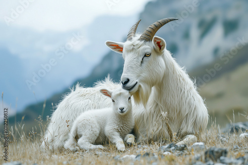 Mountain goat with her baby in the mountains