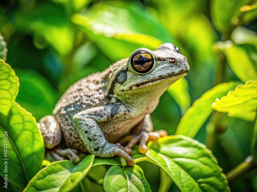 Gray Tree Frog in Texas Habitat, Camouflaged Among Green Leaves on a Sunny Day in Nature Gray Tree Frog in Texas Habitat, Camouflaged Among Green Leaves on a Sunny Day in Nature