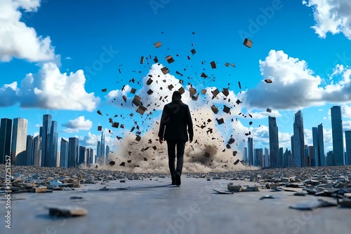 A figure walking through an endless dreamscape of crumbling cities, where the buildings dissolve into dust, symbolizing the fantastical decay of existence in a nihilistic universe photo