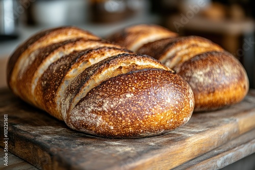 Two freshly baked sourdough loaves of bread on a wooden cutting board.