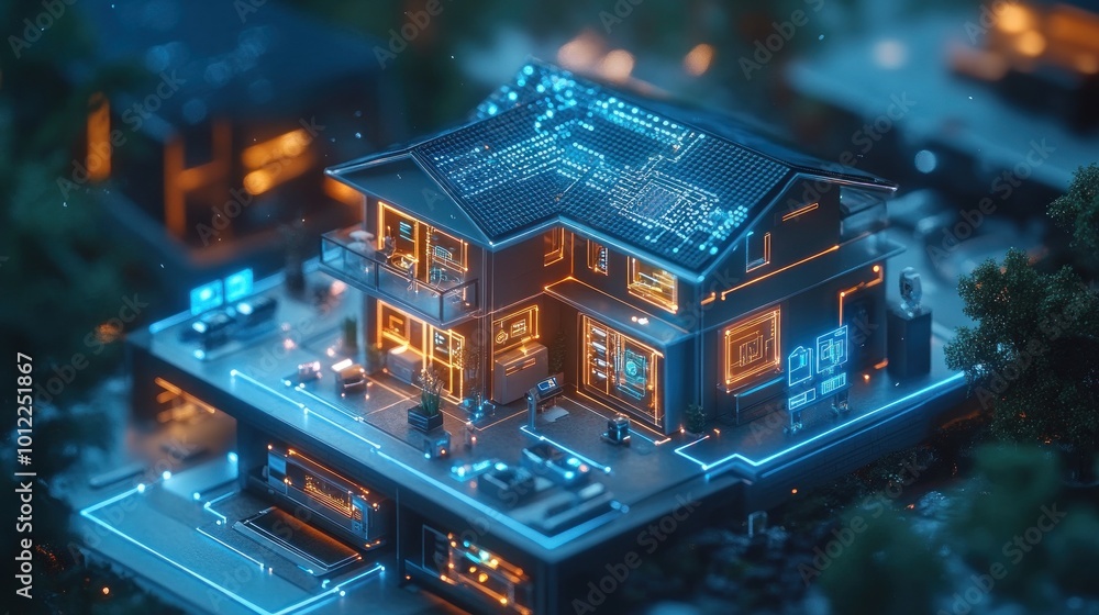 A futuristic smart home with glowing blue and orange lines on the roof and exterior, indicating interconnected devices and automation. A futuristic smart home with glowing blue and orange lines on the roof and exterior, indicating interconnected devices and automation.