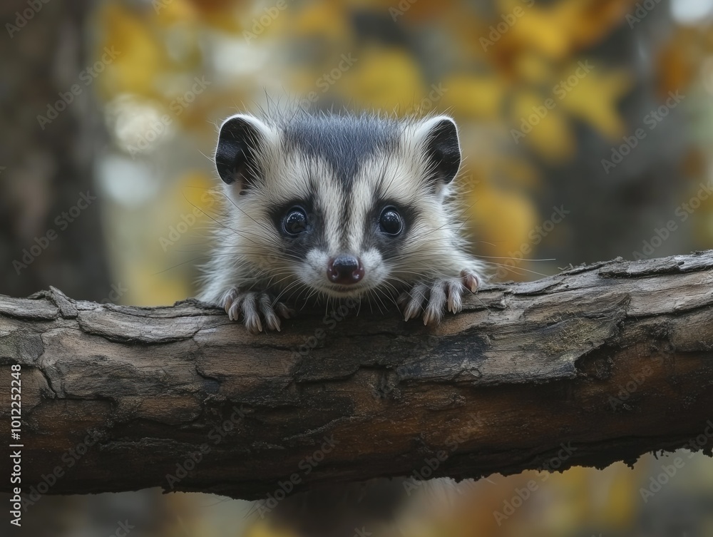 Baby Badger on a Branch in the Forest with Blurry Background Baby Badger on a Branch in the Forest with Blurry Background