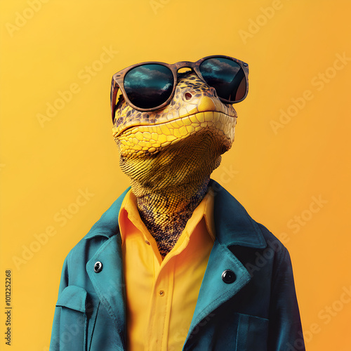 Stylish Lizard in Teal Coat and Sunglasses 