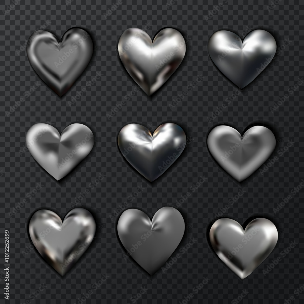 collection of chrome metallic hearts. Y2k metallic set. Stock vector illustration in realistic style. collection of chrome metallic hearts. Y2k metallic set. Stock vector illustration in realistic style.
