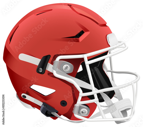Red american football helmet with white facemask and chin strap