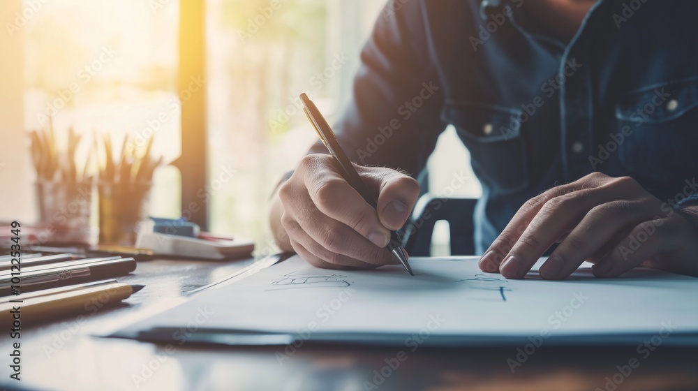 Designer is working on a new project, drawing sketches on paper with a black pen. He is sitting at a desk in a bright office Designer is working on a new project, drawing sketches on paper with a black pen. He is sitting at a desk in a bright office