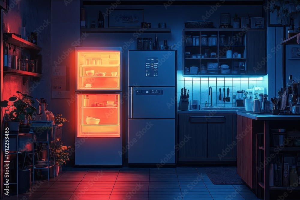 A modern kitchen with a refrigerator lit up in orange and the rest of the kitchen in a cool blue light. A modern kitchen with a refrigerator lit up in orange and the rest of the kitchen in a cool blue light.