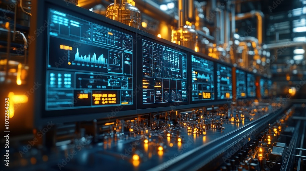 A row of computer monitors displaying data and graphs in a futuristic industrial setting. A row of computer monitors displaying data and graphs in a futuristic industrial setting.
