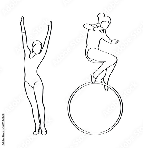 Girl gymnast with a hoop performs gymnastic exercises