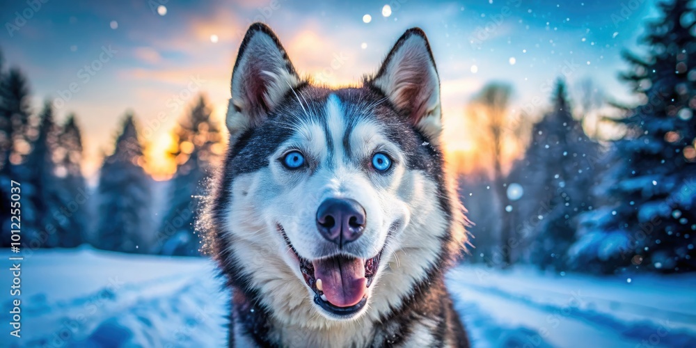 Happy Husky with Bright Blue Eyes Smiling Joyfully in a Snowy Landscape on a Sunny Winter Day Happy Husky with Bright Blue Eyes Smiling Joyfully in a Snowy Landscape on a Sunny Winter Day