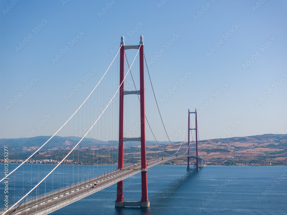 Fototapeta premium 1915 Canakkale Bridge (1915 Canakkale Koprusu) Drone Photo, Eceabat Canakkale, Turkiye (Turkey)