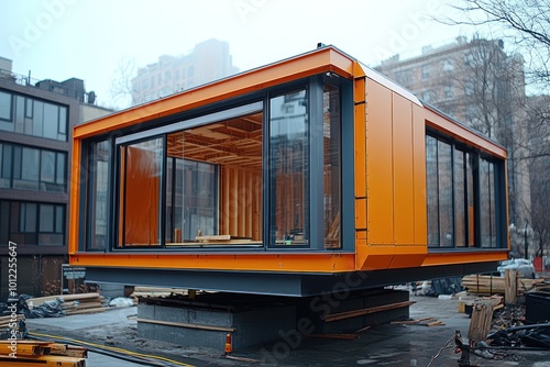 A modern, orange, prefabricated home with large windows is being assembled on a concrete foundation in an urban setting.