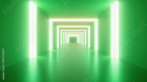 A futuristic corridor illuminated by vibrant green neon lights, creating a captivating, immersive atmosphere.