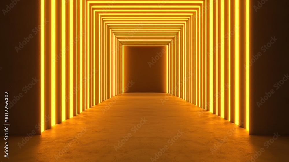 Fototapeta premium A vibrant tunnel illuminated by glowing yellow lights, creating an immersive atmospheric effect and drawing the eye toward the dark end.