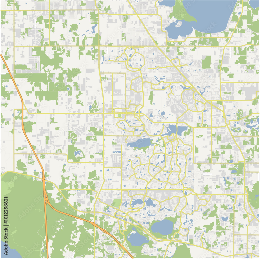 Obraz premium Map of The Villages in Florida in a normal road map style. Contains layered vector with roads water, parks, etc.