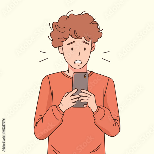 A boy confuses with smart phone concept illustration