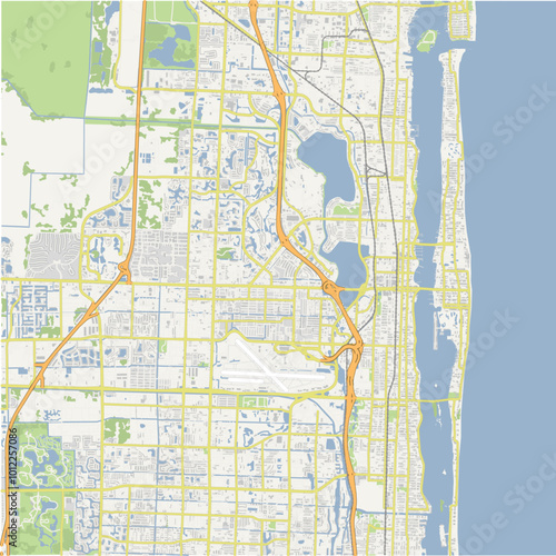 Map of West Palm Beach in Florida in a normal road map style. Contains layered vector with roads water, parks, etc.
