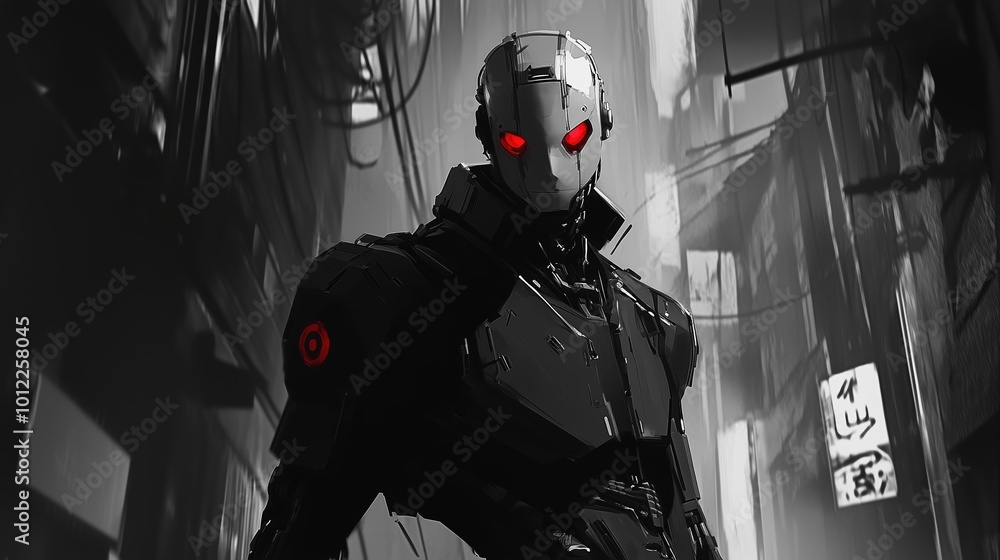 Robotic Soldier with Red Eyes in Dark Alley Robotic Soldier with Red Eyes in Dark Alley