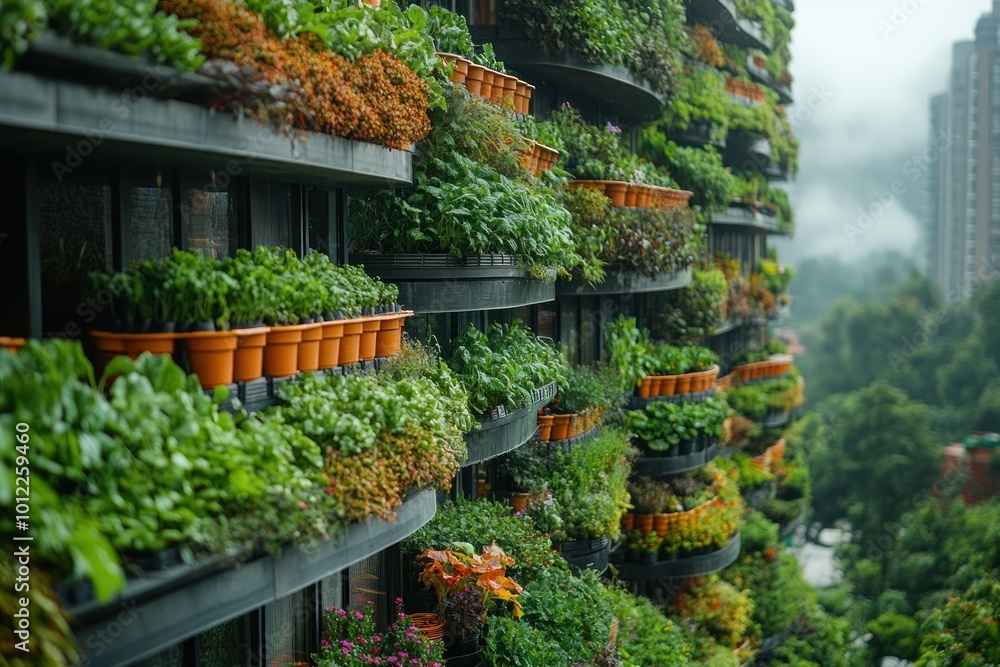 A modern building covered in greenery, showcasing a vertical garden with various plants and flowers growing on balconies. A modern building covered in greenery, showcasing a vertical garden with various plants and flowers growing on balconies.
