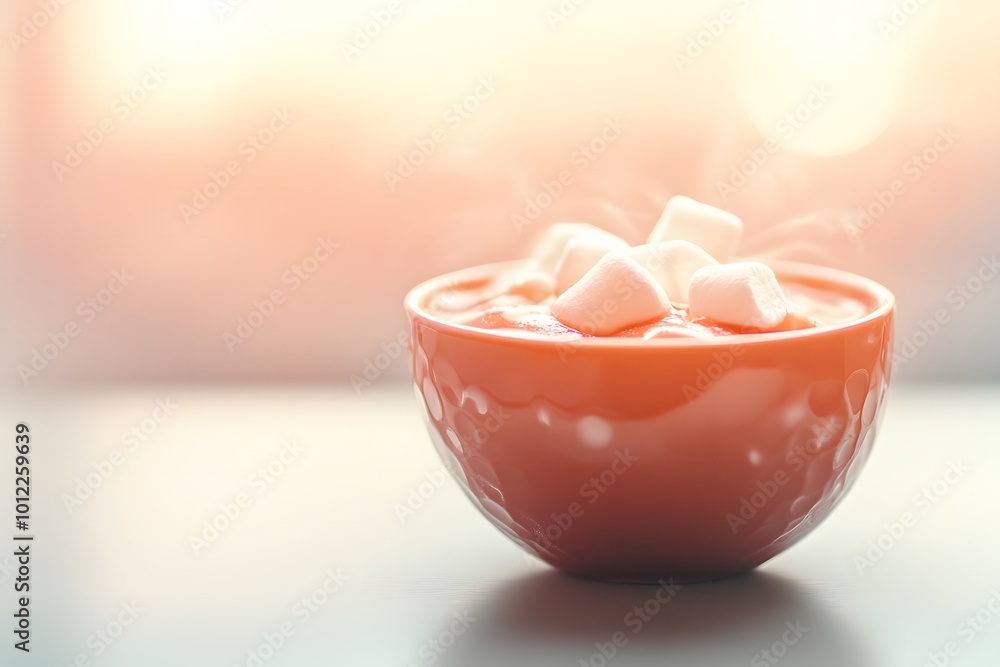 Close-up of hot chocolate with marshmallows melting on top with copy space. Close-up of hot chocolate with marshmallows melting on top with copy space.