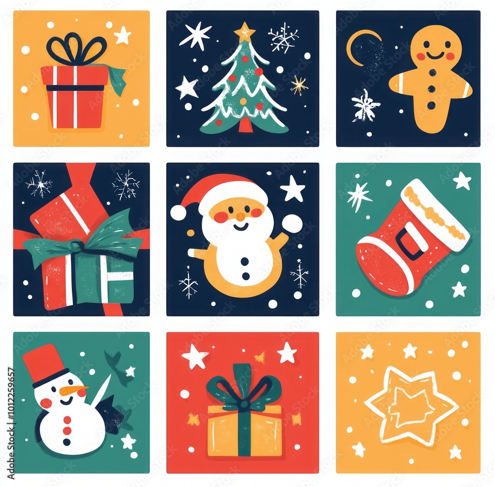 Fototapeta premium colorful, flat illustrations featuring Christmas symbols like a Santa Claus hat and a gingerbread man in playful poses, cheerful and suitable for children's wall art or t-shirt printing.