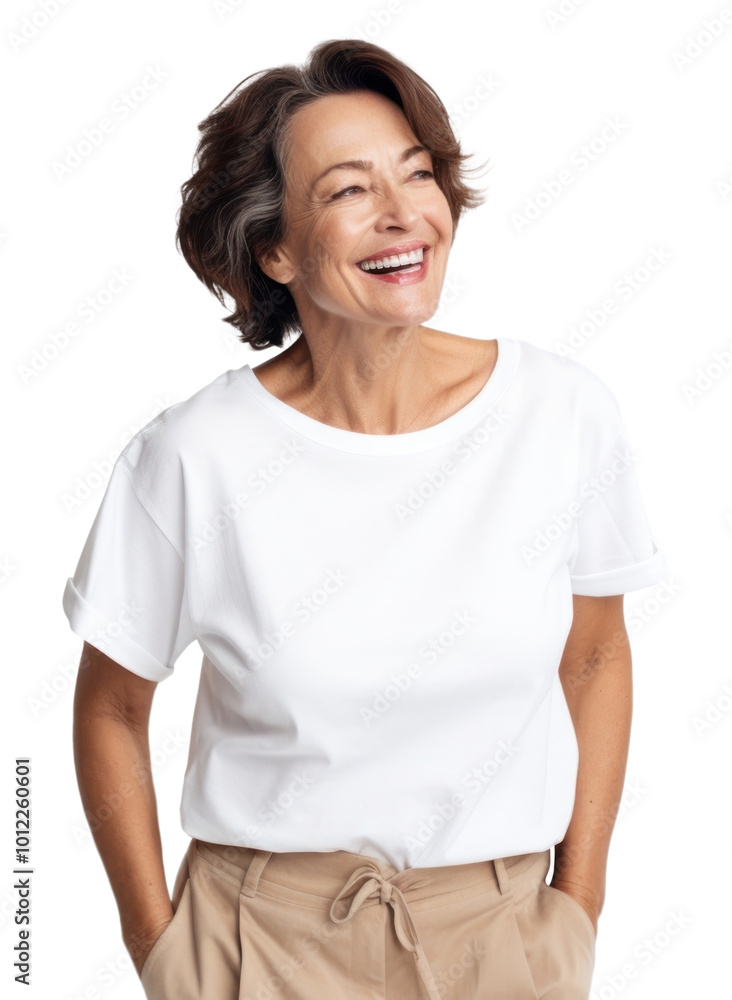 PNG Senior brunette woman t-shirt laughing portrait. PNG Senior brunette woman t-shirt laughing portrait.