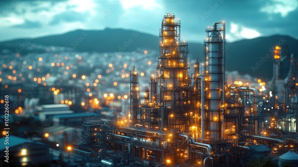 Fototapeta premium A large industrial complex with towering structures, pipelines, and glowing lights. The complex is located in a city, with a blurred cityscape in the background.