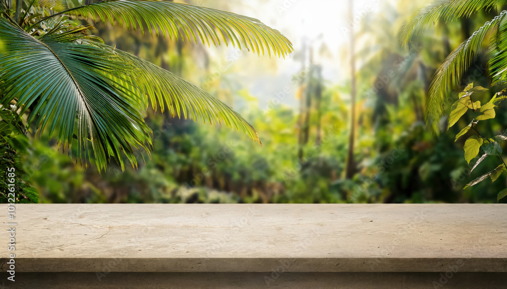 A beige concrete countertop set against a lush jungle background, ideal for product presentation, blending modern design with vibrant natural elements.
A beige concrete countertop set against a lush jungle background, ideal for product presentation, blending modern design with vibrant natural elements.
