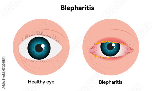 Blepharitis eye disease. Ophthalmology Inflamed sick human eye and healthy eye