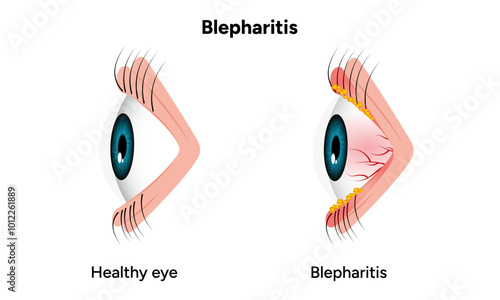 Blepharitis eye disease. Ophthalmology Inflamed sick human eye and healthy eye