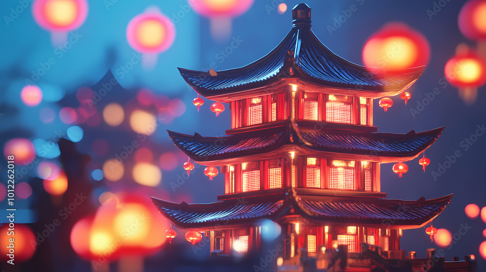 Fototapeta premium A 3d chinese pagoda with soft lighting, representing the traditional architecture of china. Chinese Pagoda. Illustration