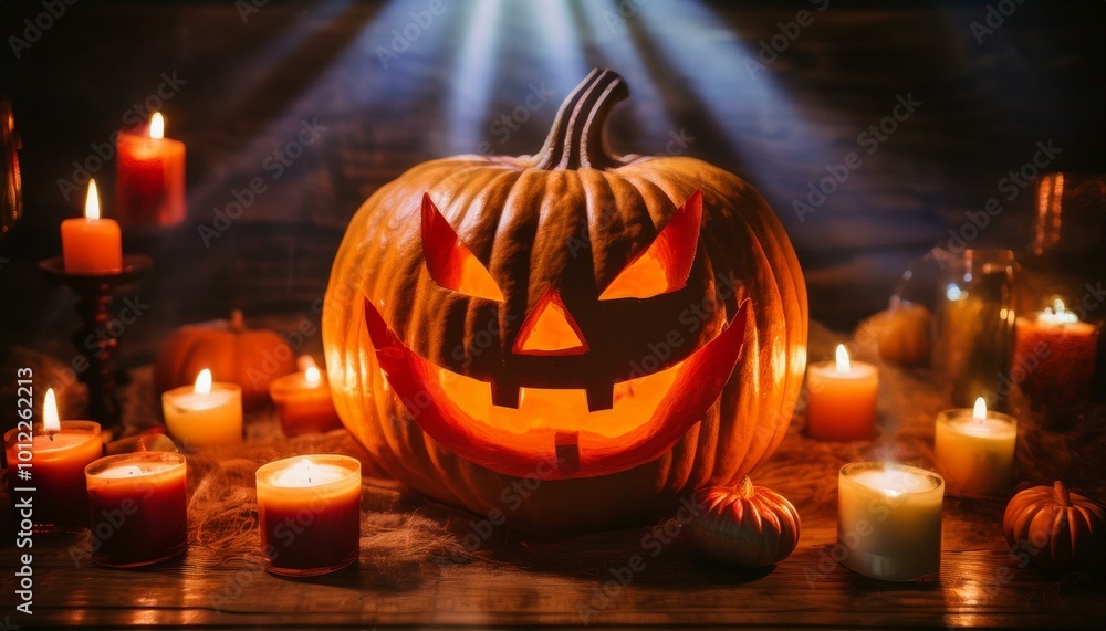 A menacing jack-o'-lantern glows eerily beside flickering candles, casting haunting shadows that dance across the darkened room, embodying the spirit of Halloween. A menacing jack-o'-lantern glows eerily beside flickering candles, casting haunting shadows that dance across the darkened room, embodying the spirit of Halloween.
