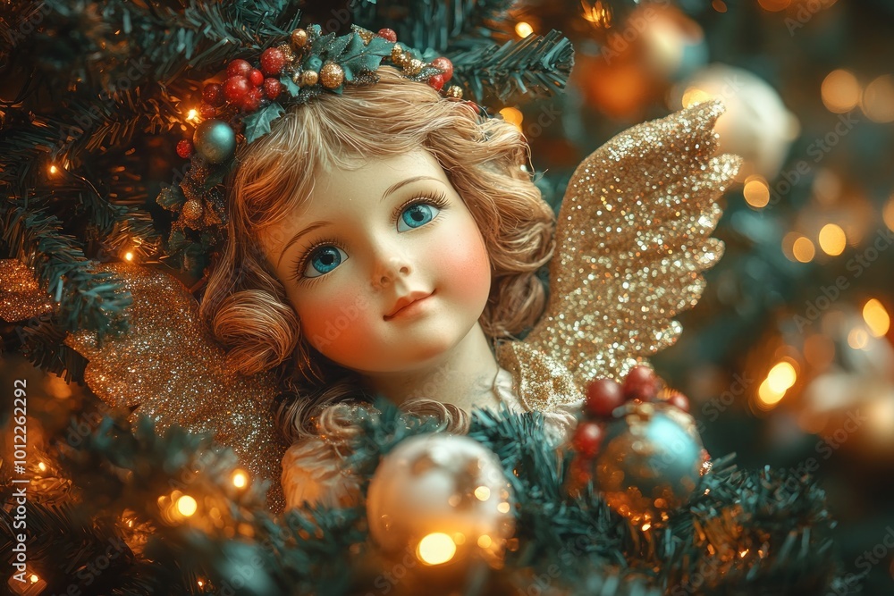 A close-up of a porcelain angel ornament with golden wings, a wreath of holly, and a sweet expression, hanging on a Christmas tree with blurred lights. A close-up of a porcelain angel ornament with golden wings, a wreath of holly, and a sweet expression, hanging on a Christmas tree with blurred lights.