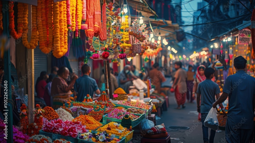 Fototapeta premium Vibrant Evening Street Market with Colorful Lakshmi Puja Items for Festive Decor
